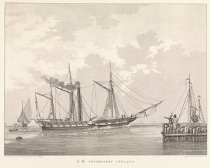 Paddelångare vid en kaj Z.M. Steamship Curaçao (titel på objekt)