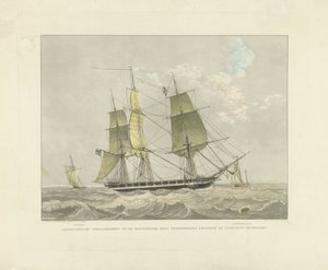 Segelfartyg, slup och lotsbåt på vattnet Amerikansk krigskorvett mot den holländska kusten lägger lotsbåten och väntar (titel på objekt)