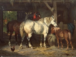 Hästar i stall (målning) av Willem Jacobus Boogaard