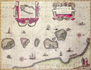 Karta över Moluccan Island, graverad av Jodocus Hondius, 1630 (färgstick)