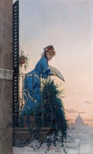 En elegant skönhet på en balkong med utsikt över Rom, med St Peters kupol i fjärran av Willem Johannes Martens