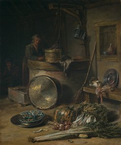 Bondeinteriör med kvinna vid en brunn, ca 1642-43 (olja på pannå) av Willem Kalf