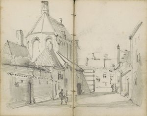 Bygata med en kyrka och figurer av Willem Koekkoek