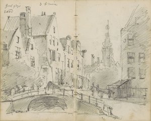 Stadsbild med en bro över en kanal och ett kyrktorn av Willem Koekkoek