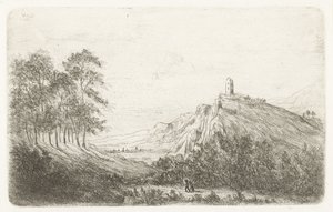 Berglandskap med slott på bergstoppen