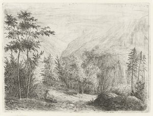 Bergslandskap med en vilande figur längs vägen