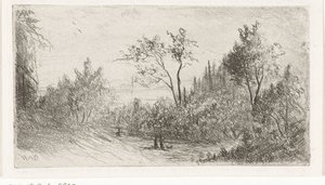Kuperat landskap med vandrare och hund i kanten av skogen av Willem Matthias Jan van Dielen