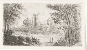 Landskap med slottsruin och två figurer