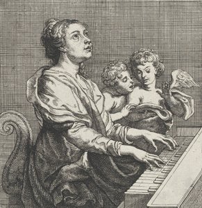 Sankta Cecilia spelar orgel med två putti till höger, ca. 1631.