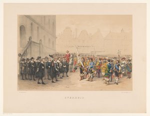 Tredje gruppen av maskeraden i Utrecht 1856 Regering (titel på objekt) Vårt hemland omkring mitten av 1600-talet, föreslagit av H.H. studenter, medlemmar i Mutua Fides, för att fira 220-årsjubileet av Utrechtsche Hoogeschool, den 25 juni