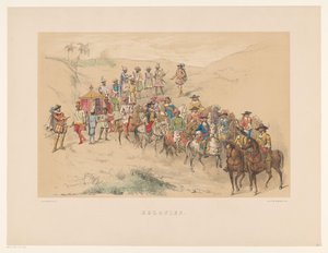Fjärde gruppen av maskeraden i Utrecht 1856 Kolonier (titel på objekt) Vårt hemland omkring mitten av 1600-talet, föreslagit av H.H. studenter, medlemmar i Mutua Fides, för att fira 220-årsjubileet av Utrechtsche Hoogeschool, 25. juni