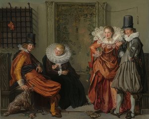 Elegant par som uppvaktar varandra. Omkring 1616-20