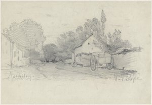 Utsikt över en gata med en vagn i Barbizon av Willem Roelofs (I)