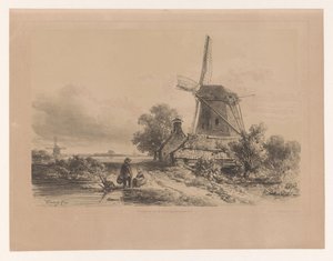 Väderkvarn i ett landskap med två figurer av Willem Roelofs (I)