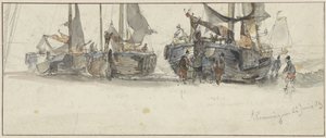 Fiskebåtar på stranden i Scheveningen av Willem Roelofs (I)