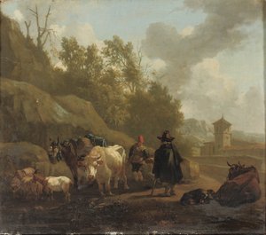 En koherde och boskap i ett italienskt landskap