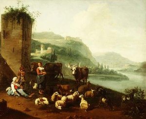 Ett italienskt landskap med bönder, boskap, får och getter vid en fontän