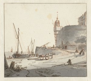 Utsikt över en hamn nära en stadsmur av Willem Schellinks