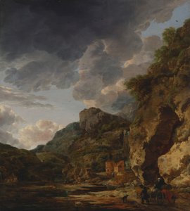 Bergslandskap med flod och vagn, tredje fjärdedelen av 1600-talet (olja på pannå)