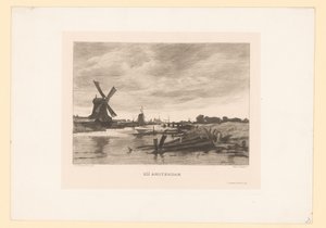 Landskap med väderkvarnar längs en kanal Nära Amsterdam (titel på objekt) av Willem Steelink (II)