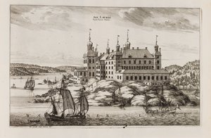 Läckö slott från Vänernsidan. Ur "Suecia antiqua et hodierna" av Willem Swidde