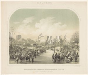 Skridskotävling Isklubb/skridskolopp som hölls av män och kvinnor i Leeuwarden den 22 februari 1855 (titel på objekt) av Willem Troost (II)