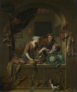En kvinna och en fiskhandlare i ett kök, 1713