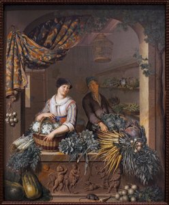 En grönsaksförsäljare. Målning av Willem van Mieris (1662-1747), olja på trä