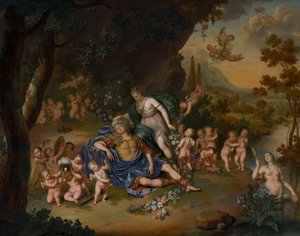 Armida binder den sovande Rinaldo med blommor av Willem Van Mieris