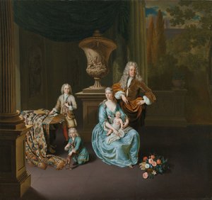 Diederik Baron van Leyden van Vlaardingen (1695-1764). Borgmästare i Leiden, med sin fru Sophia Dina de Rovere och deras söner Pieter, Jan och Adriaan Pompejus