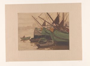 Tre torvpråmar med roddbåtar i IJ Schuiten in 