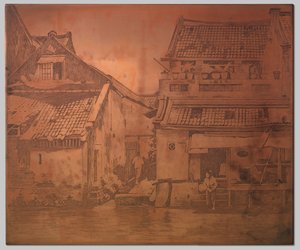 Batavia. Hus på kali, tvätterska vid trappan till ett hus till höger av Willem Arnoldus Witsen