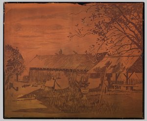 Gambar, lång uthus, torkande tvätt i förgrunden av Willem Arnoldus Witsen