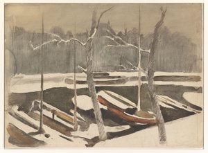 Förtöjda pråmar på en snöig kanal av Willem Arnoldus Witsen