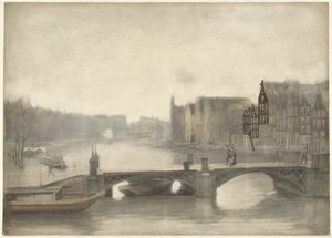 Utsikt över Binnen-Amstel i dimman av Willem Arnoldus Witsen