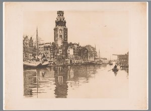 Utsikt över Montelbaanstoren i Amsterdam Oude Schans med Montelbaanstoren och roddbåt (originaltitel) av Willem Arnoldus Witsen