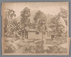 Hus med vulkanen Salak(?) i bakgrunden, Buitenzorg av Willem Arnoldus Witsen
