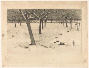 Snöig fruktträdgård med fåglar av Willem Arnoldus Witsen