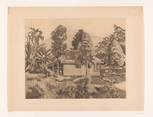 Hemma i Bogor med ett berg i bakgrunden Hus med vulkanen Salak(?) i bakgrunden, Buitenzorg (originaltitel) av Willem Arnoldus Witsen