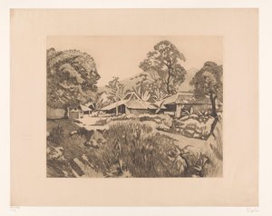 Hem i Bogor före vulkanerna Salak och Gede Hus i kampong med vulkanerna Salak och Gedeh i bakgrunden, Buitenzorg (originaltitel) av Willem Arnoldus Witsen