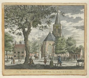 Kyrka och tingshus i Hilversum 1762 (före branden 1766) Kyrkan och Regthuis i Hilversum (titel på objekt) av Willem Writs