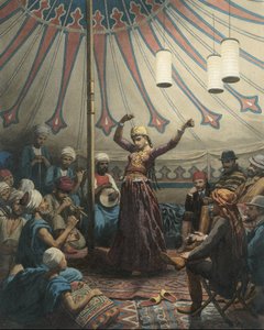 Egyptisk dansare i ett tält, med musiker och åskådare