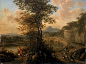 Italienskt flodlandskap med stenbro, 1650