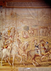 Erövring av Tunis av kejsar Karl V 1535: representation av kejsaren och spädbarnet Don Luis. Detalj av en gobeläng av Willem de Pannemaker (aktiv omkring 1535-1554) 1554 Alcazar de Seville