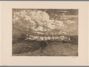 Dynlandskap med sandgrävning och båtar Sandgrävning (originaltitel)