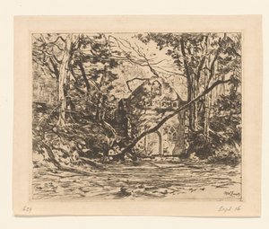 Ruin i en skog Ruin med uppryckt träd (Lage Vuursche) (originaltitel)