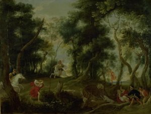 Landskap med Atalanta och Meleager som jagar Calydonian Boar av Willem van Herp
