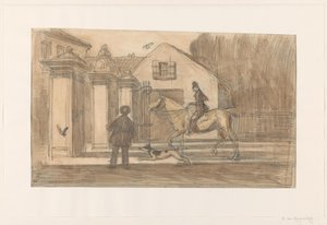 Staketet på Scheveningse Weg i Haag; passerar en ryttare med hund av Willem van Konijnenburg