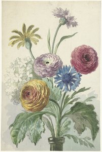 Bukett blommor i halsen på en grön vas