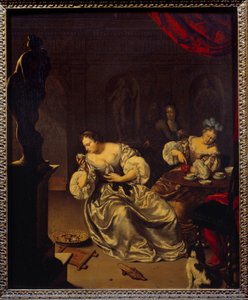 Kvinnorna från den holländska adeln tar teet. Målning av Willem van Mieris (1662-1747) (ec.holl.) 1700-talet sön. 0,42x0,34 m
